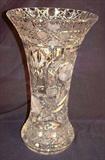 200 - Very Heavy 16in. Brilliant Cut Glass Vase with horse shoes cut on side, ca. 1900