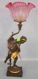232 - Original Gas Newel Post Lamp with winged cupid and cranberry shade - electrified, 25in. T, ca. 1870.