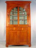 502 - Period Cherry 2 piece Corner Cabinet w arched doors, robins egg blue interior, all dove tailed case and mortise and tendon doors, 96in. T, 55in. W, 31in. D, ca. 1810
