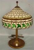 223 - Antique Leaded and Stain Glass Lamp, unsigned - in the manor of Miller. 25in. T, 16in. Dia. Shade, ca. 1920.