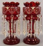 226 - Pair of Ruby Double Row Prism, Mantle Lusters with excellent paint, 14in. T, ca. 1880.