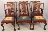 500 - Set of 6 Mahogany High Back Chippendale Dining Chairs in original finish and blue needlepoint seats, ball & claw feet, 2 arm chairs, ca. 1890