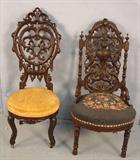 504 - Walnut pierced carved slipper chair with needlepoint seat, original finish, ca. 1860.