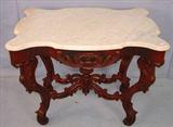 217 - Rococo Walnut Turtle Top Parlor Table, Mallard style, tall finial, white marble top, 29in. T, 38in. W, 26in. D, ca. 1855.