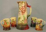 225 Hand Painted Tankard Set, signed Willets Belleek, tankard is 14in. T, ca. 1880