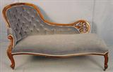505 - Rosewood Victorian Recamier with blue button turfed velvet, pierced carved on end, 35in T, 61in. L, 28in. D