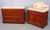 510 - Walnut Victorian Dresser Base with white marble top, carved pulls, 32in. T, 44in. W, 19in. D, ca. 1870.
511 - Walnut Victorian Wash Stand with white marble top, carved belt buckle pulls. 42in. T, 34in. W, 19in. D, ca. 1870, matches dresser #510