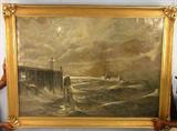 21 - Large Oil on Canvas of Port Scene and Light House, 78in. L, 58in. T, signed Franz Schaffner, dated 1901 in original Victorian gold frame.