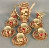 44 - Hand Painted Porcelain Chocolate Service for 6 with peacocks, 15 piece set, ca. 1900.