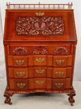 402 - R.J. Horner Mahogany drop Front Secretary Desk, gadrooned edges, claw feet, block front w fitted interior, tagged - R.J. Horner, 46in. T, 32in.W, 22in. D, ca. 1880.
