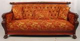 407 - R.J. Horner Sofa, standing griffins with exceptional upholstery job, red and gold chenille fabric, 86in. W, 38in. D, 40in. T, ca. 1890.