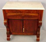 417 - Early American Empire Marble Top Washstand, scroll front with geometric drawer, ca. 1860, 32in. W, 33in. T, 19in. D.
