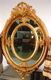 430 - Lg all Wood Victorian Oval Mirror, heavily carved, 4 side mirrors, center oval beveled , completely restored, 62in. T, 43in. W, 6in. D, ca. 1900, 61in. T, 41in. W.