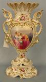 31 - Single Old Paris Porcelain Vase, 15in. T, 8in. W, scene of fortune teller reading 2 girls palm, ca. 1870.