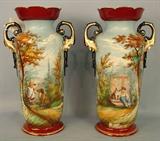 30 - Pair of Old Paris Vases with children and landscape scene, 18in. T, 10in. W, blue and burgundy, ca. 1880.