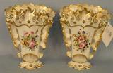 34 - Small pair of Old Paris Vases, white and gold, 10in. T, 8in. W, ca. 1880.