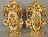 32 - Pair of Old Paris Vases, 18in. T, 11in. W, floral scene, good paint, white with gold, ca. 1860.