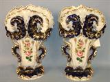 33 - Pair of Flow Blue Old Paris Vases, 14in. T, 9in. W, ca. 1880, roses painted on front side.