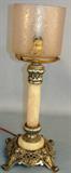 436 - Candlestick Lamp with alabaster column and base with faces, ice etched glass shade, electrified, 19in. T, 7in. W, ca. 1890.