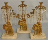 438 - 3 pc. Bronze and Crystal Girandole Set on marble bases