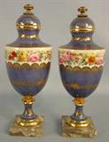 443 - Pair of Severs Blue Urns, signed inside with bronze mounts and marble bases, 12in. T, 5in. W, ca. 1920
