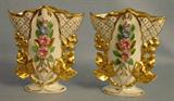 442 - Pair of Old Paris Vases with applied porcelain flowers, old minor damage, 9in. T, 8in. W, 4in. D, ca. 1880.