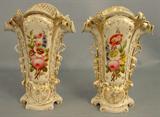 447 - Large Pair of Old Paris Vases, beautiful floral design, old repair to one on base, 14in. T, 10in. W, 6in. D, ca. 1880.