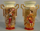 448 - Old Paris Portrait Vases with courting scene, 14in. T, 9in. W, double handle large, one badly damaged, ca. 1900.