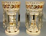 445 - Hugh Pair of Victorian Mantle Lusters, white cut to clear with applied gold trim, very large prisms, 14in. T, 8in. W, ca. 1920.