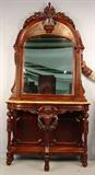 463 - Lg. Victorian Hall Mirror w heavily carved base, broken arch pediment top with urn and rams heads, unusual marble, 96in. T, 49in. W, 19in. D, ca. 1870.