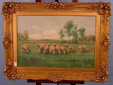 461 - Early American Oil on Canvas, painting of sheep in a field, very nice original frame, ca. 1850, 40in. W, 30in. T, signed Jules Brillet.