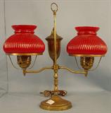 471 - Early Brass Double Student Lamp with red ribbed shade, electrified.