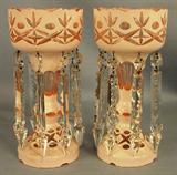 468 - Unusual Pair of Pink Cut to Clear Lusters with hanging prisms, 11in. T, 5in. Dia., ca. 1920.