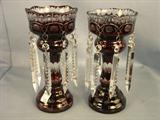 472 - Large Rare Pair Mantle Lusters, ruby cut to clear with large hanging prisms, 13in. T, 6in. Dia.