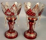 478 - Ruby Red Mantle Lusters, cut to clear crystal with hanging prisms, 11in. T, 6in. Dia.