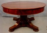 484 - Cluster Column Mahogany Dining Table, accordion stretchers made in NY, att. to J.W. Meeks of NY, 52in. R, 30in. T with 4 original 16in. boards, 10ft. extended.