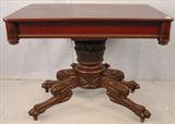 344 - Mahogany Federal Center Table with great acanthus carved base and claw feet, 28in. T, 36in. W, 26in. D, ca. 1830.