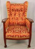 346 - Solid Mahogany High Back Parlor Chair, red and gold upholstery, 42in. T, 25in. W, 23in. D, ca. 1890.