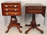 355 - Mahogany 3 Drawer Work Table with double lyre base, glass knobs, claw feet, ca. 1840.
356 - Mahogany Drop Leaf Work Table w acanthus carved base, gadrooned edge.