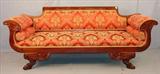 357 - Mahogany Empire Sofa with red and gold upholstery, hairy paw feet, 32in. T, 79in. W, 24in. D, ca. 1840.