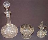 368 - Cut Glass Wine Bottle, good stopper, 12in. T, ca. 1890.
369 - Cut Glass Hat Pin Holder, 5in. T, 4in. Dia., ca. 1890.
370 - Small Cut Glass Cruet w stopper, 6in T