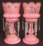 386 - Pair of Pink Mantle Lusters with double ring of prisms, 13in. T.