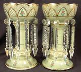 385 - Pair of Green and Gold Mantle Lusters, 12in. T.