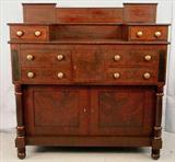 394 - Early Mahogany Empire Sideboard with original brass pulls, 52in. T, 49in. W, 21in. D, ca. 1840.