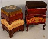 397 - Empire Mahogany Piano Stool, red and gold upholstery.
398 - Mahogany Empire Foot Stool, gold upholstery.
399 - Mahogany Empire Foot Stool, green needlepoint.
600 - Mahogany Empire Foot Stool, black upholstery.