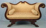 607 - Mahogany Federal Love Seat with beautiful scrolled arms, gold upholstery, claw feet, 37in. T, 59in. L, 20in. D, ca. 1830.