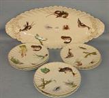 617 - 9 Piece Porcelain Sea Food Set, white and gold trim, signed Mark & Gutherz, tray - 22in. L, 10in. W.