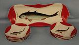 616 - 9 piece Porcelain Fish Set, white and bright purple, signed Karlsbad H & C.