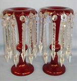 619 - Pair of Ruby Victorian Mantle Lusters with 9in. Prisms, overall 14in. T, ca. 1890.