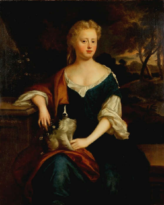127 - Important Large 18th Century English Painting of Mary Lady Hussey with dog, 5ft. T, 4ft. W.